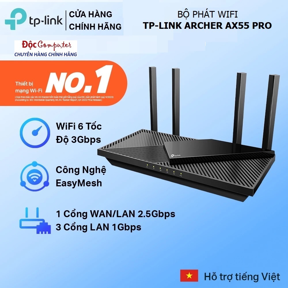 Bộ Phát Wifi 6 TPLink Archer AX55/Archer AX55 Pro Gigabit Băng tần kép AX3000 Mbps (3Gb) - Bảo Hành 