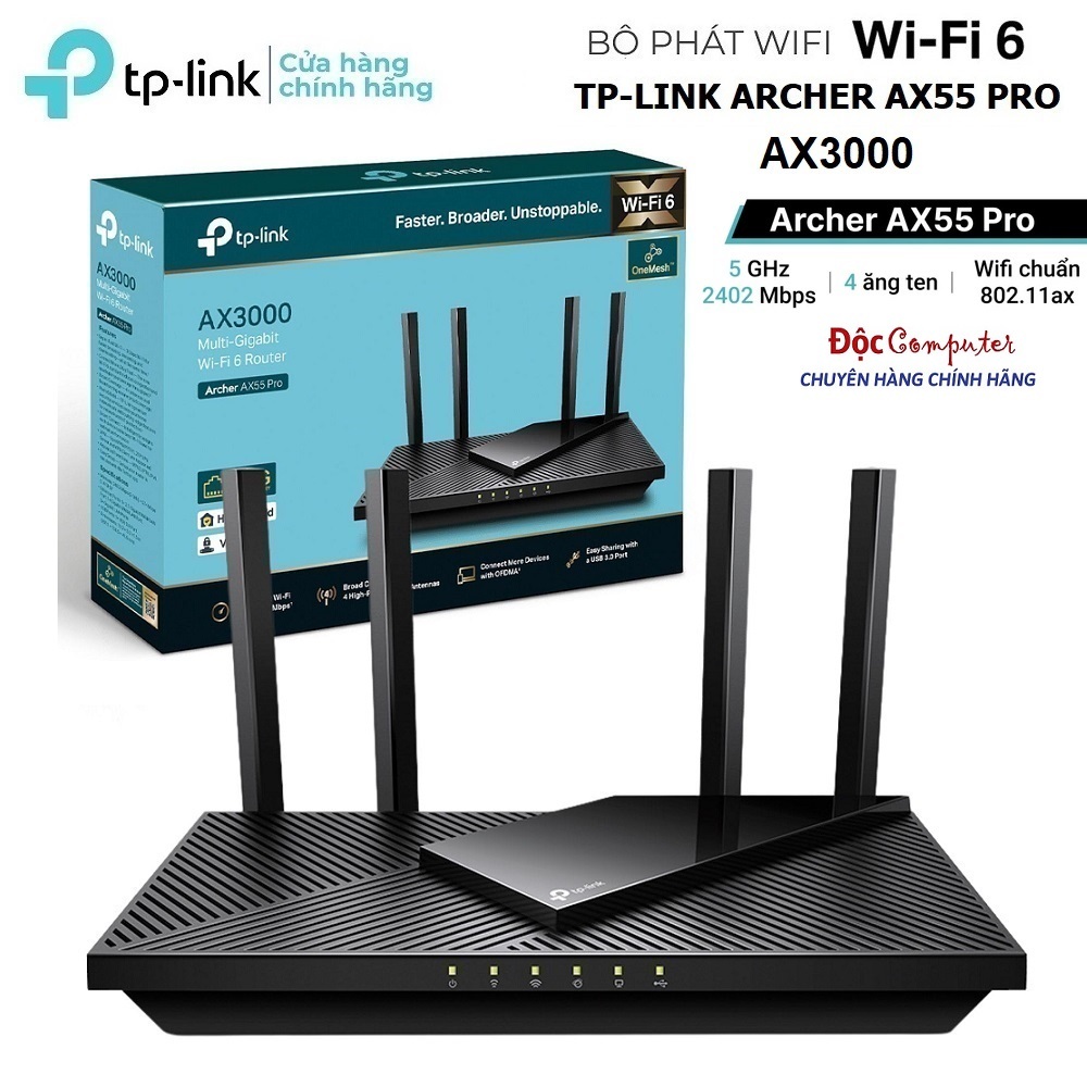 Bộ Phát Wifi 6 TPLink Archer AX55/Archer AX55 Pro Gigabit Băng tần kép AX3000 Mbps (3Gb) New Full Bo