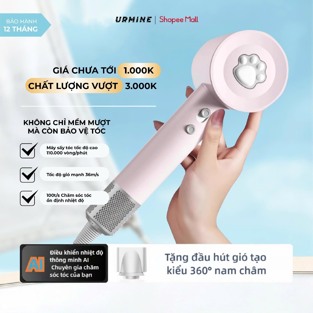URMINE Máy Sấy Tóc Tốc Độ Cao Màu Hồng – Thiết Kế Dễ Thương, Ion Âm Chống Xơ Rối, Nhẹ & Êm, Sấy Nhanh Bảo Vệ Tóc