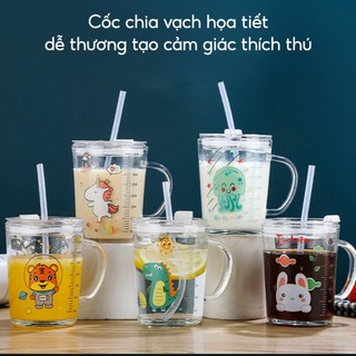 Cốc thuỷ tinh pha sữa cho bé 350ml chia vạch, cốc uống nước thuỷ tinh kèm nắp và ống hút tiện lợi bình tập uống trẻ em