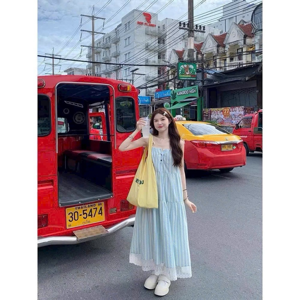 Đầm Babydoll Dáng Dài Kẻ Sọc Phối Ren Nàng Thơ - Mã AP12