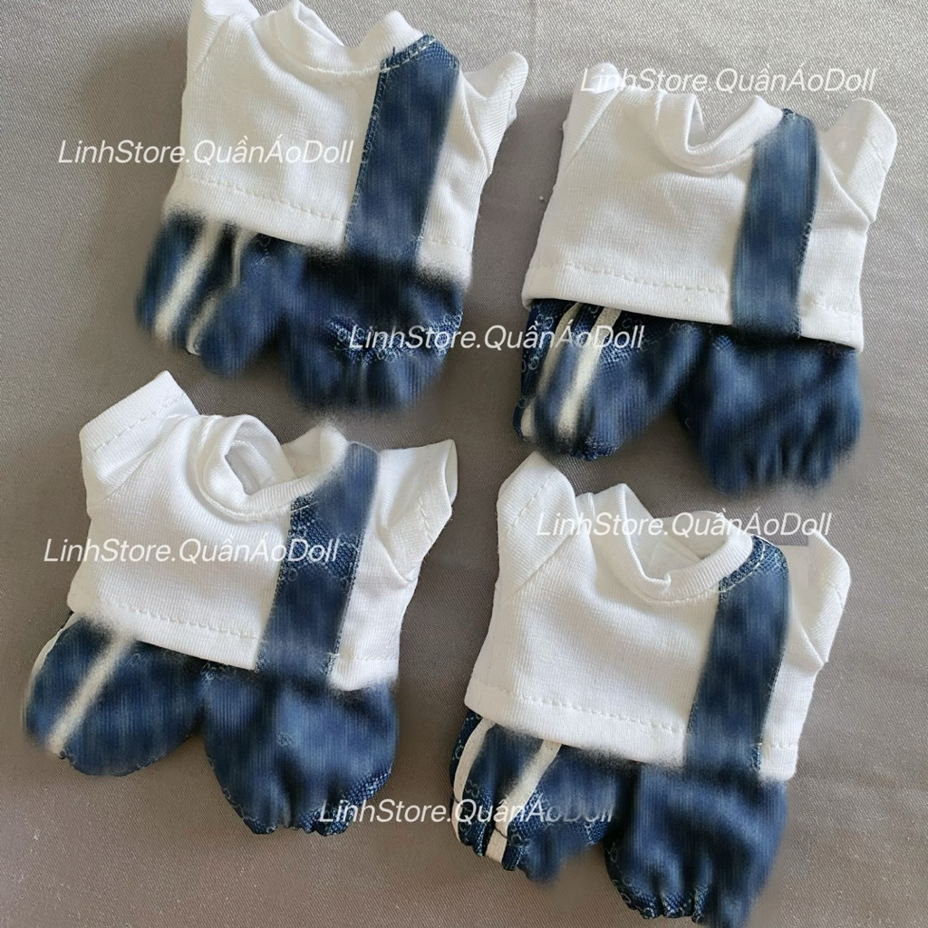 [Quần áo búp bê] BỘ TRẮNG ĐAI DỌC XANH DOLL 5IN