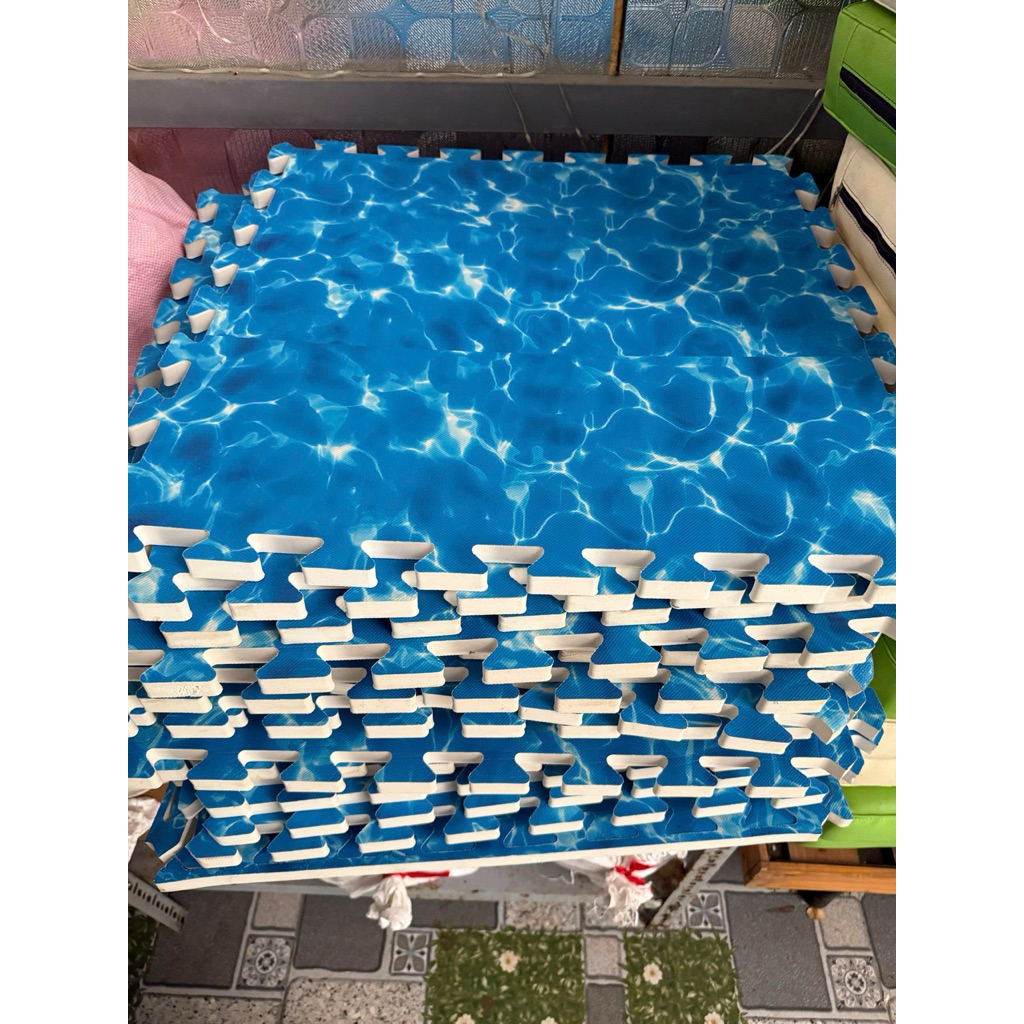 THANH LÍ Thảm xốp lót sàn sóng biển xanh dương in 3D, có vân sóng nhuyễn, kích thước 60x60 cm, độ dà