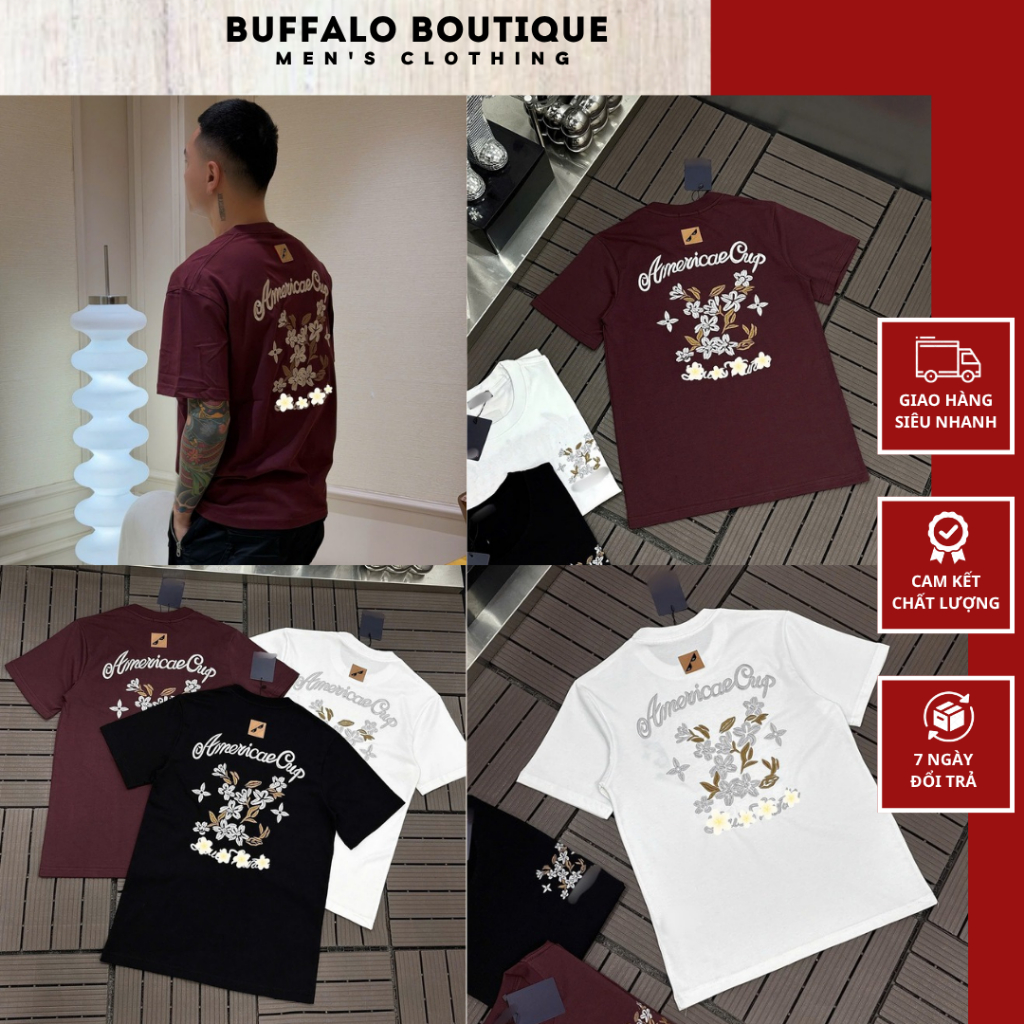 Áo Phông Nam Cotton Thêu Hoa Vàng - Áo Thun Nam Nữ Thêu Logo Vàng Bên Ngực Siêu Nét