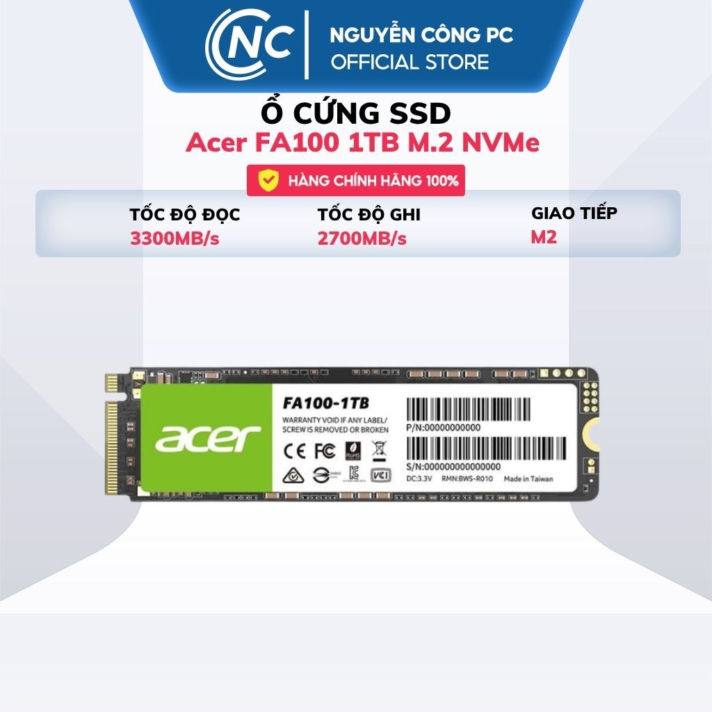 Ổ cứng SSD Acer FA100 1TB M.2 NVMe (Đọc 3300MB/s - Ghi 2700MB/s) - BH 36 tháng