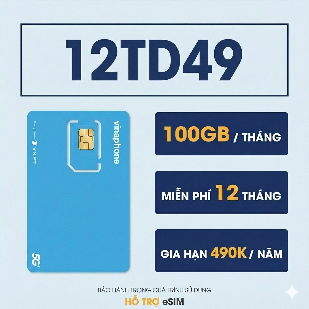 12TD49  Sim 5G Vina chưa kích hoạt – 100gb/tháng dùng 12 tháng – nạp tiền nghe gọi - Tạp hóa sim.