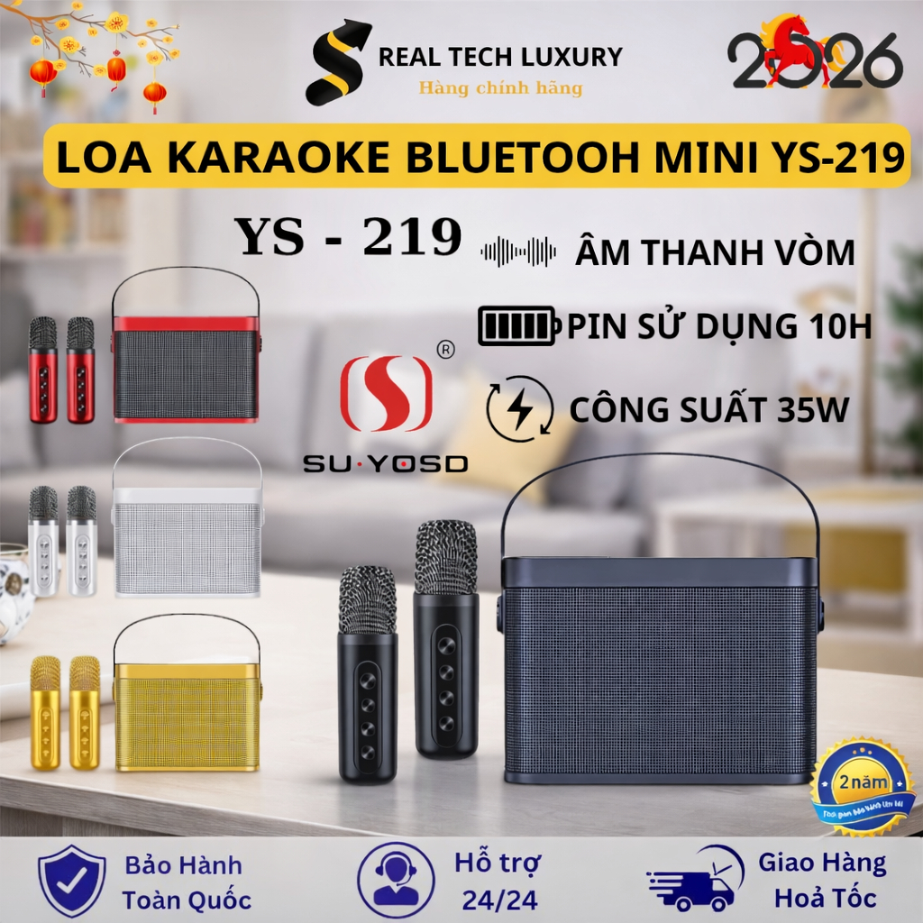 Loa Karaoke Bluetooth 2 Mic Không Dây YS-219 Bass Hay Pin Trâu Nhỏ Gọn Mạnh Thiết Kế Hiện Đại
