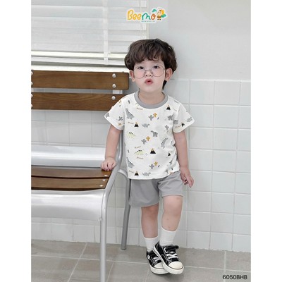 Set thun cộc tay Beemo in tràn ô tô vải cotton co giãn cho bé đi học, đi chơi từ 9-24kg 6050BHB