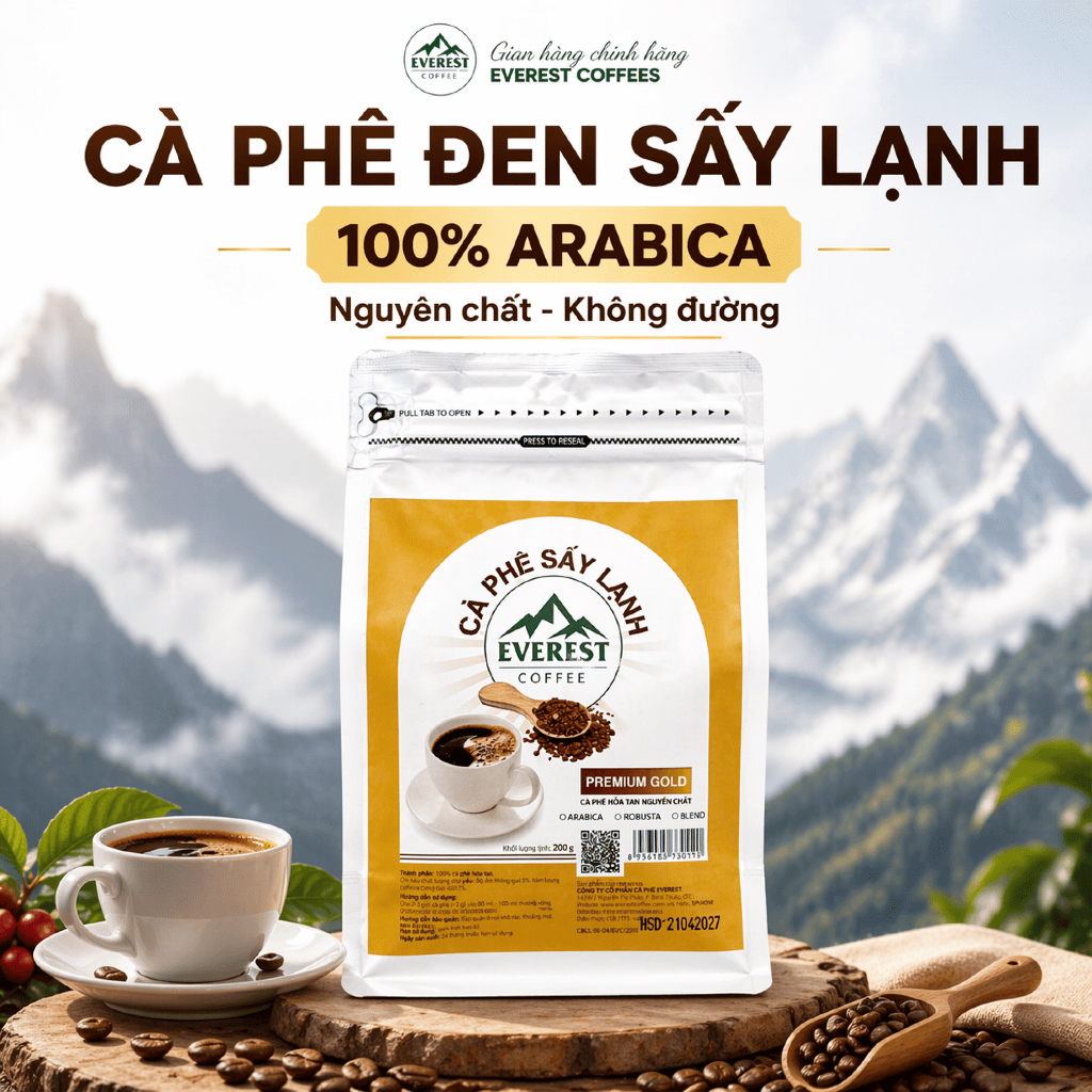 Cà Phê Đen Sấy Lạnh Nguyên Chất 100% Arabica, Cafe Đen Không Đường, Ít Caclo, Tiện Lợi