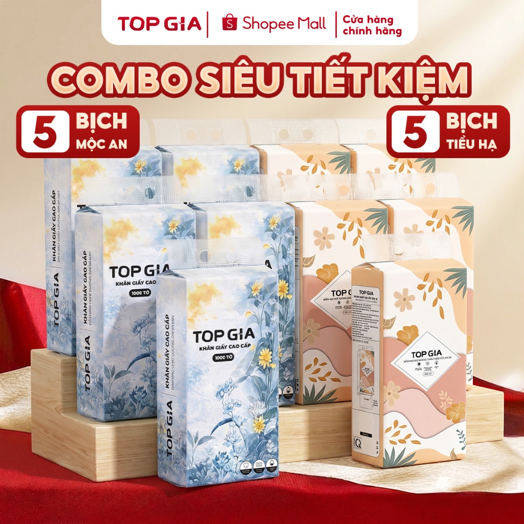 (COMBO SIÊU TIẾT KIỆM) Thùng 5 bịch giấy rút tiểu hạ và thùng 5 bịch mộc an Topgia mềm mịn, an toàn
