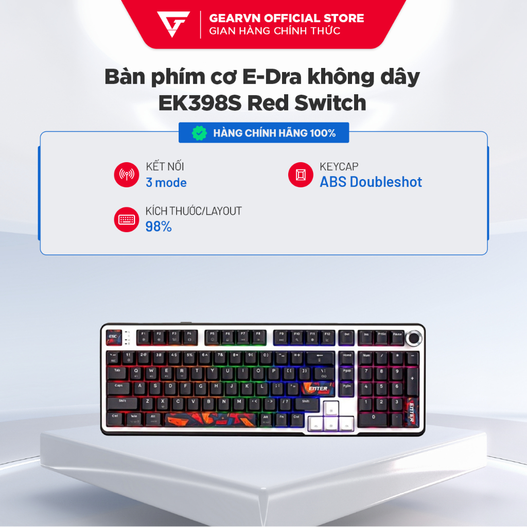 Bàn phím cơ E-Dra không dây EK398S Red Switch - Bảo hành chính hãng - 3 mode kết nối | BigBuy360 - bigbuy360.vn