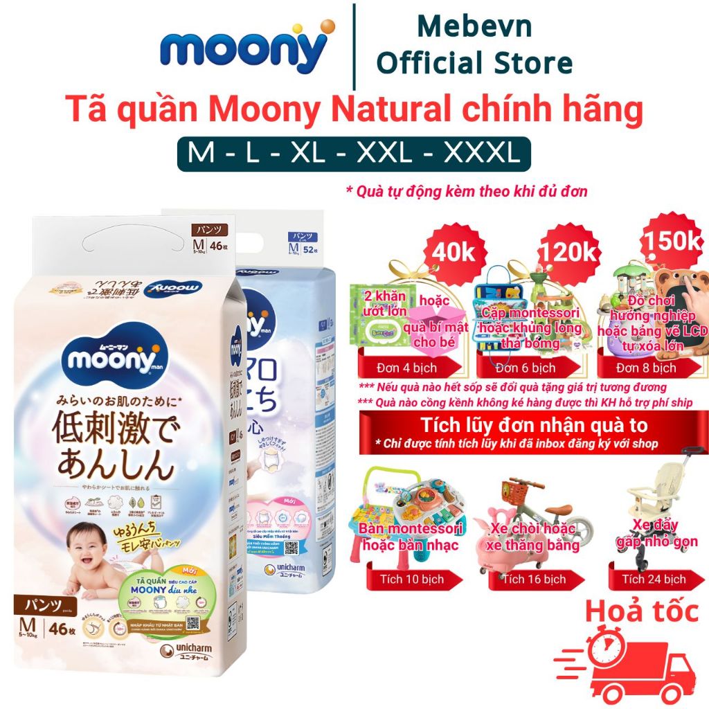Bỉm moony trắng, bỉm moony natural chính hãng, tã quần moony đủ size M46/L36/XL32
