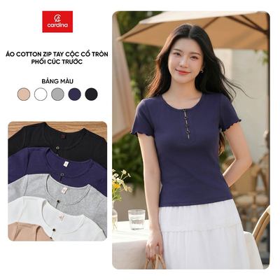 Áo thun nữ CARDINA cotton zip tay cộc cổ tròn cúc trước 6ATC17