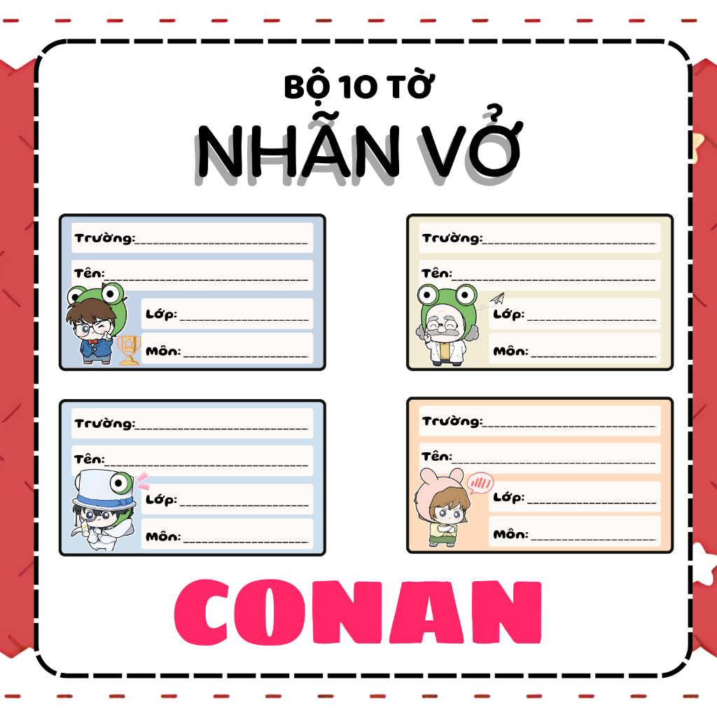 [Nhãn vở Conan] Gói 10 miếng nhãn vở anime, nhãn dán tập, sách