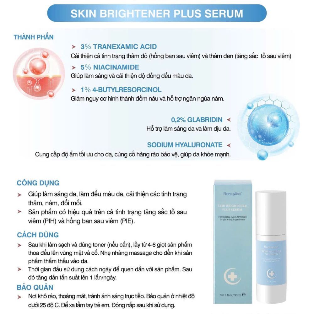 Ảnh 14 của Serum Pharmaform Skin Brightener cải thiện vết thâm nám, thâm sau mụn,  làm sáng và đều màu da.
