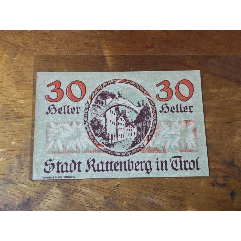 Sưu tầm Châu Âu cổ: 30 Heller - Áo 1920 (Notgeld mệnh giá hiếm). Mới 90-95% AUNC.