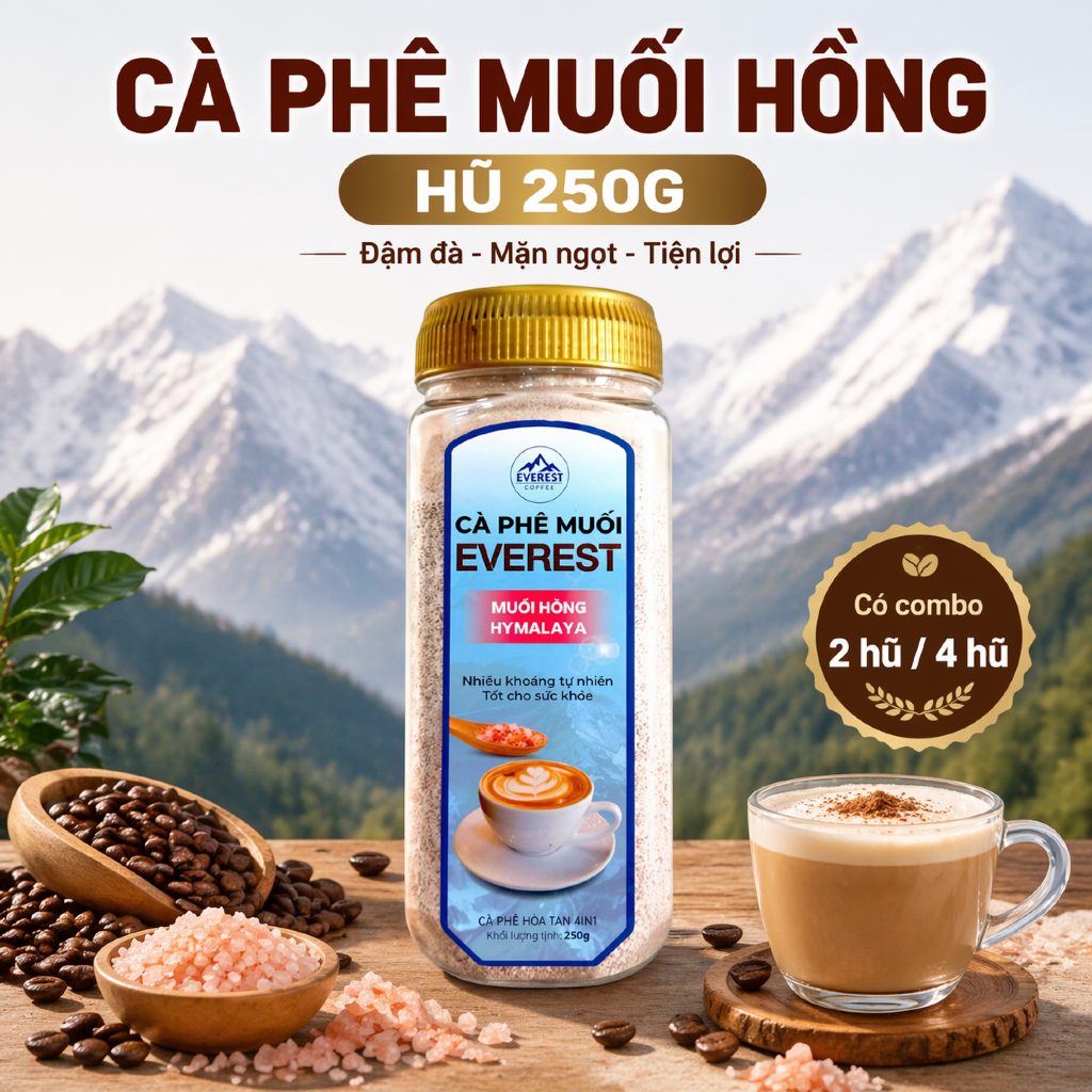 Cà Phê Muối Hồng Himalaya Everest Coffee - Dạng Hũ 250g  Đậm Đà, Mặn Ngọt, Pha Tiện Lợi