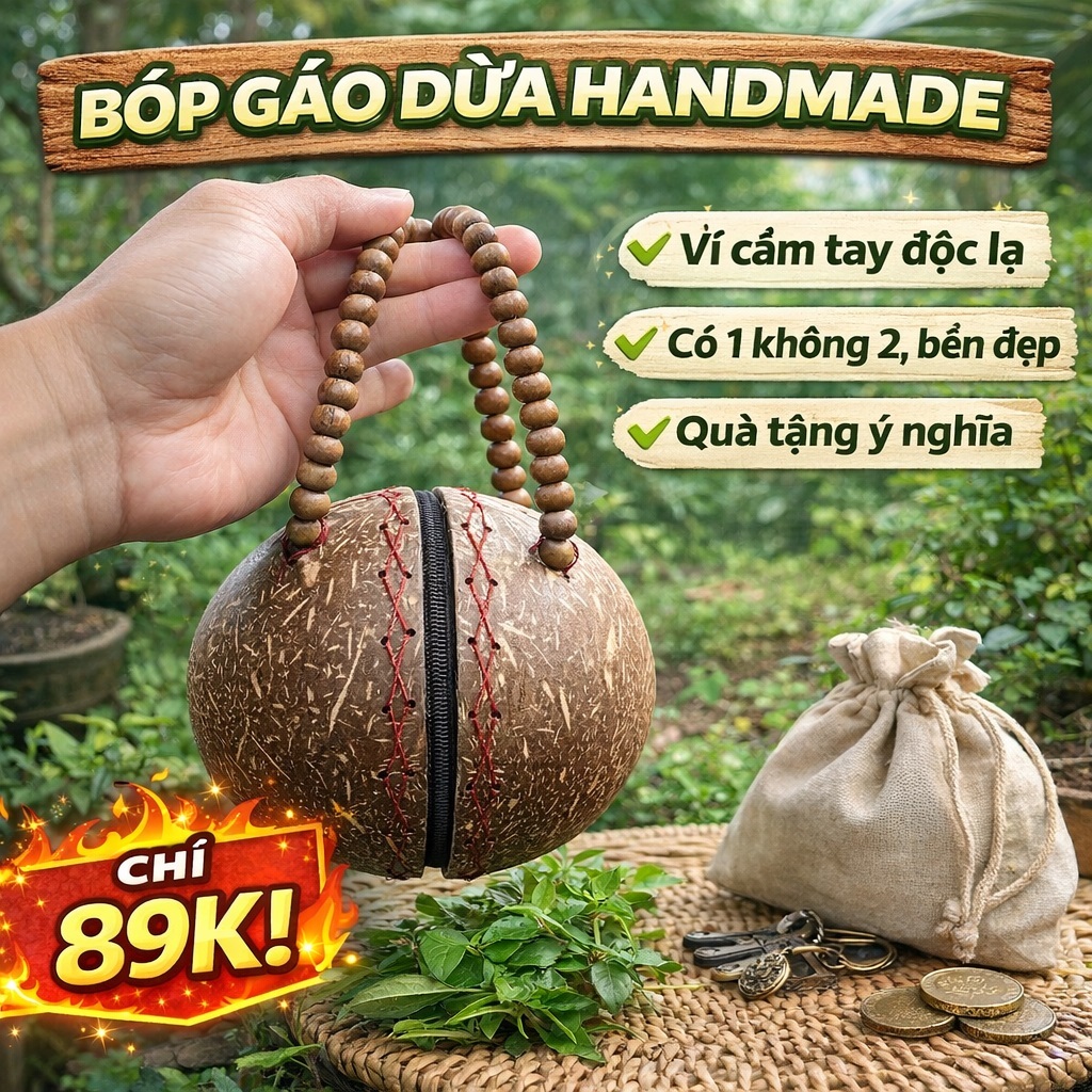 Bóp Gáo Dừa Handmade Cao Cấp – Ví Cầm Tay Từ Gáo Dừa Tự Nhiên – Túi Xách Mini Độc Lạ, Bền Đẹp