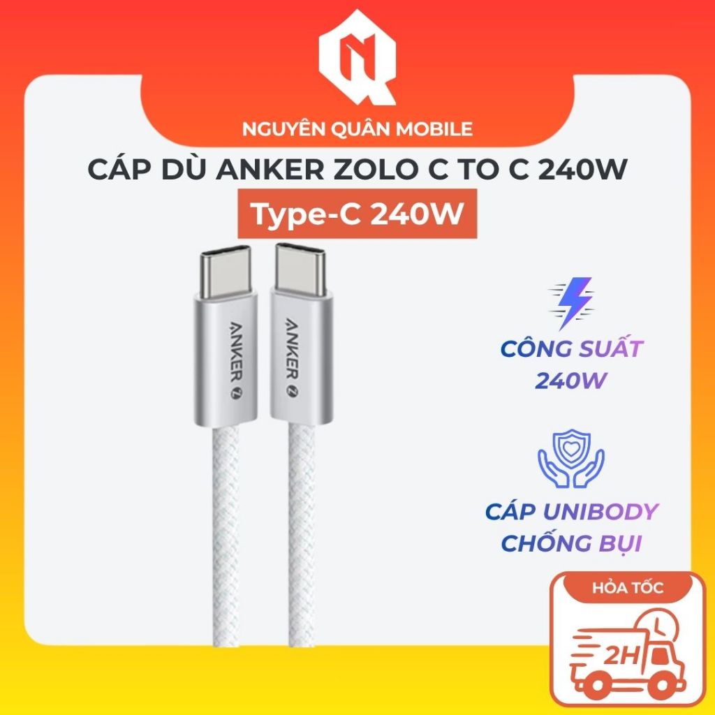Cáp Sạc Nhanh Anker Zolo Type-C To Type-C 240W - Siêu Bền, Chống Bụi Bẩn, Sạc Cực Tốc