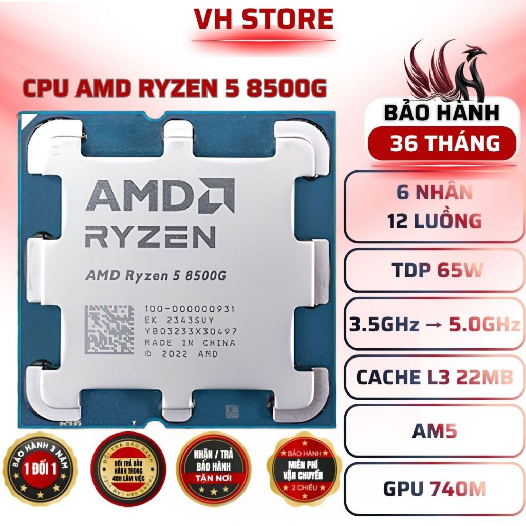 CPU Ryzen 5 8500G 6C/12T 5.0GHz AM5 Radeon 740M - BẢO HÀNH 36 THÁNG - VHSTORE