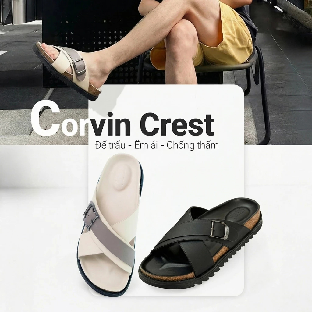 Dép Đế Trấu CORVIN CREST Quai Chéo Da Microfiber Khóa Kim Loại – Đế Công Thái Học Êm Chân Chống Trơn