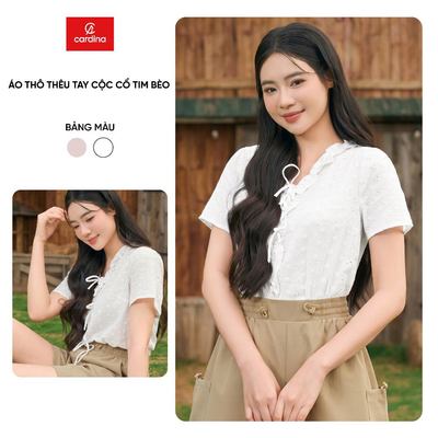Áo kiểu nữ CARDINA chất liệu thô thêu tay cộc cổ tim bèo 6AKC09
