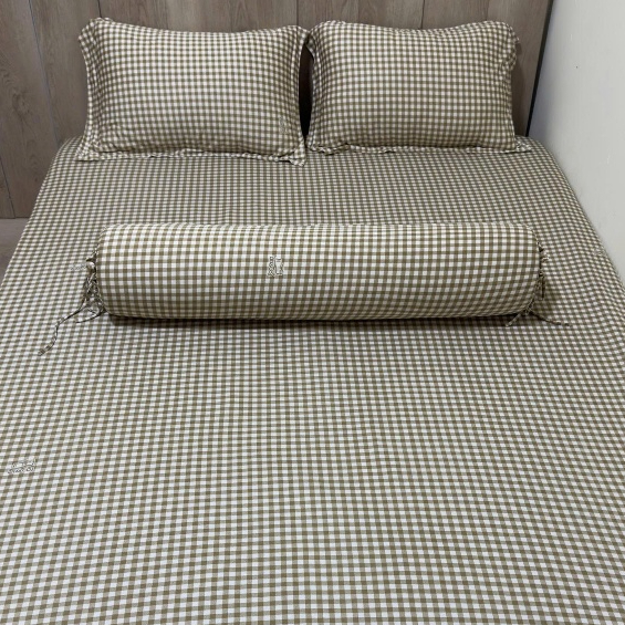 Bộ 4 Món Ga Gối Thun Lạnh Drap Co Giãn 2 Chiều Bọc Nệm 20cm Họa Tiết Mềm Mịn Thoáng Mát - Caro Nâu