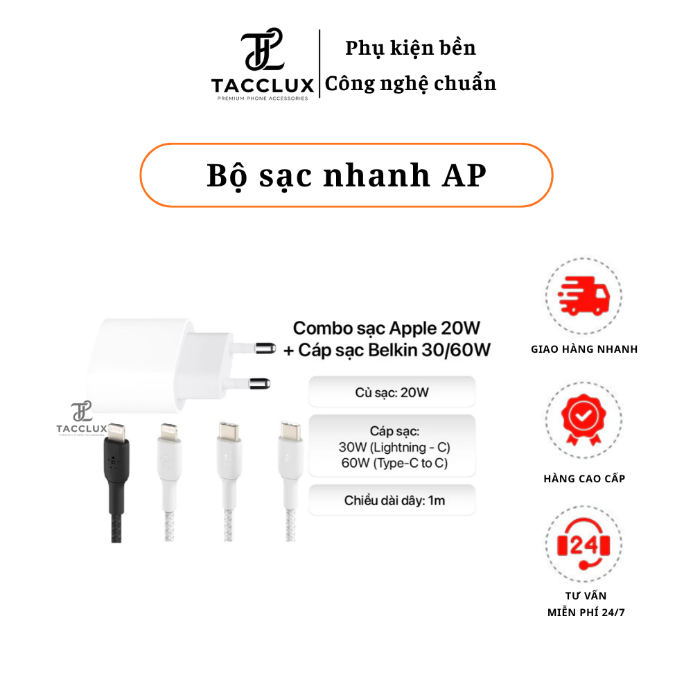 Combo Củ Sạc AP 20w + Cáp Sạc Vỏ Dù Belkin 30W / 60W TLSN