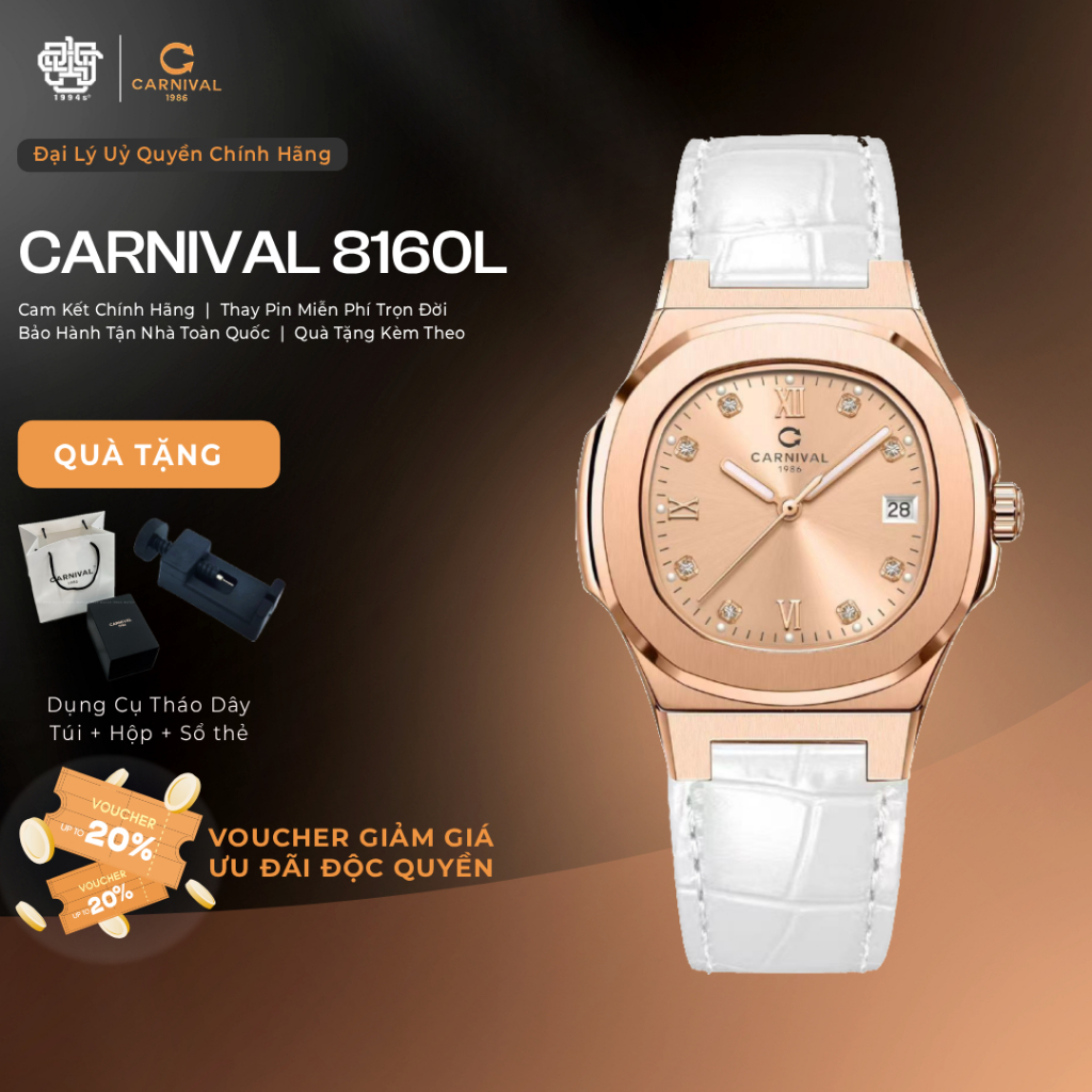 Đồng Hồ Nữ Carnival 8160L-VH-DD-NN1 Mặt Sundust, Kính Sapphire, Dây Da Hàng Chính Hãng 1994s WATCH