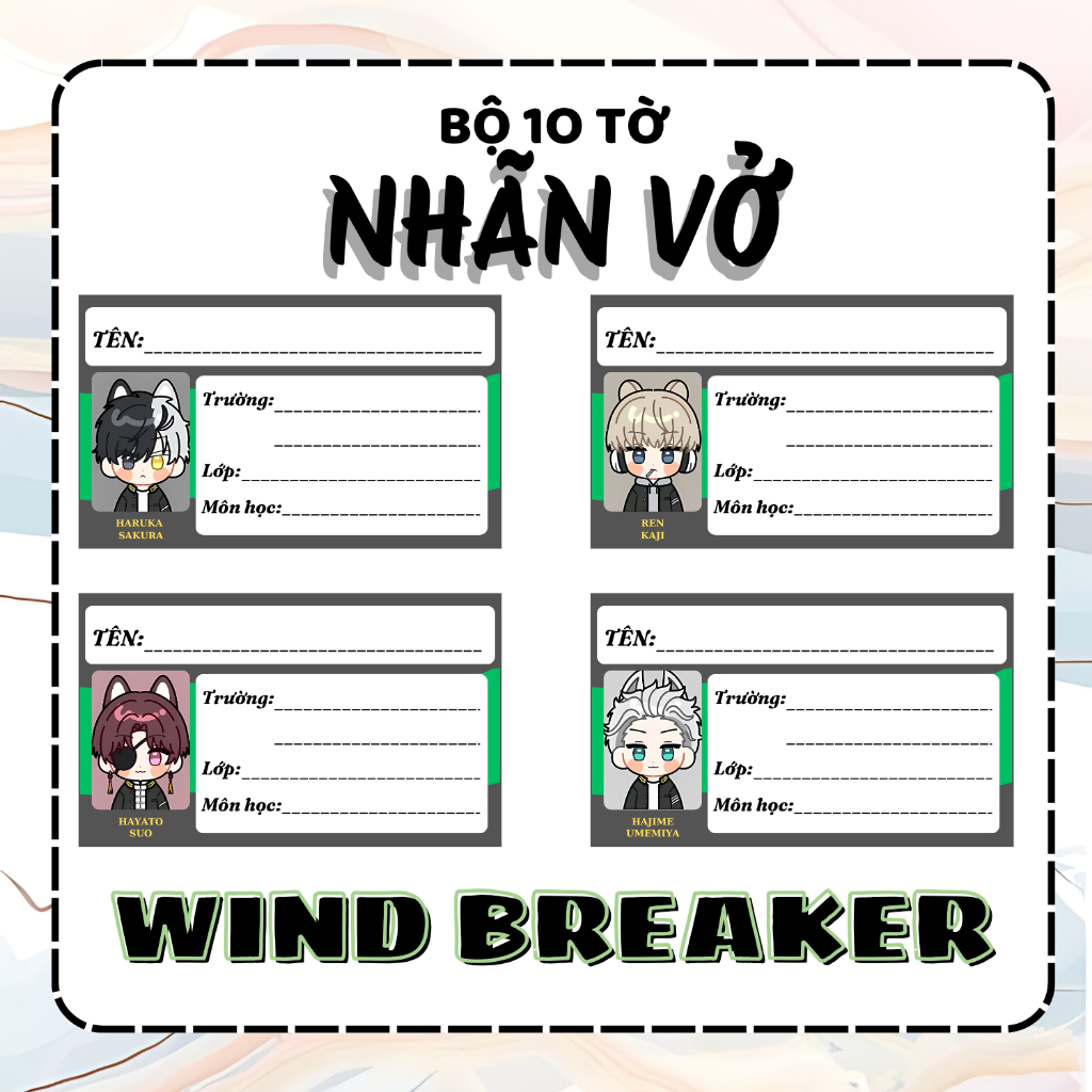 [Nhãn vở Wind Breaker] Gói 10 miếng nhãn vở anime, nhãn dán tập, sách