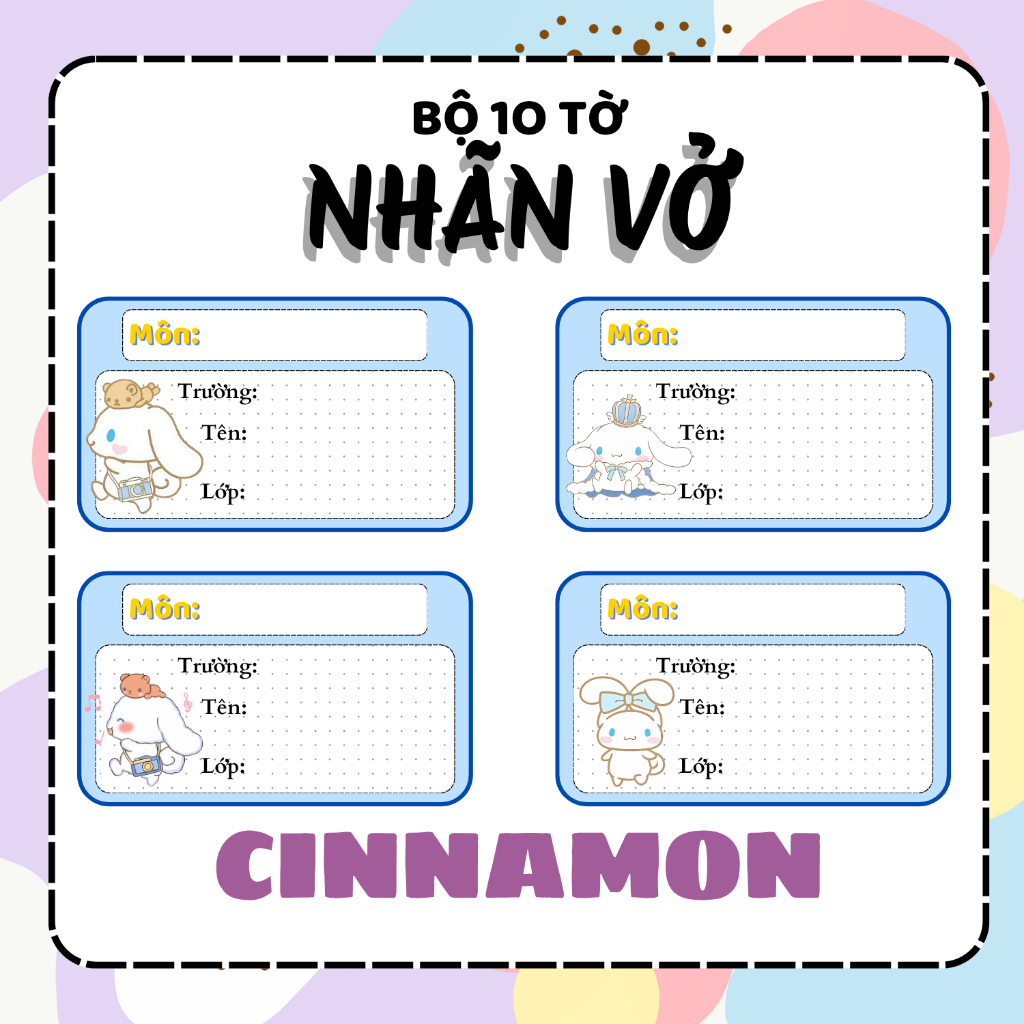[Nhãn vở Cinnamoroll] Gói 10 miếng nhãn vở Sanrio, nhãn dán tập, sách
