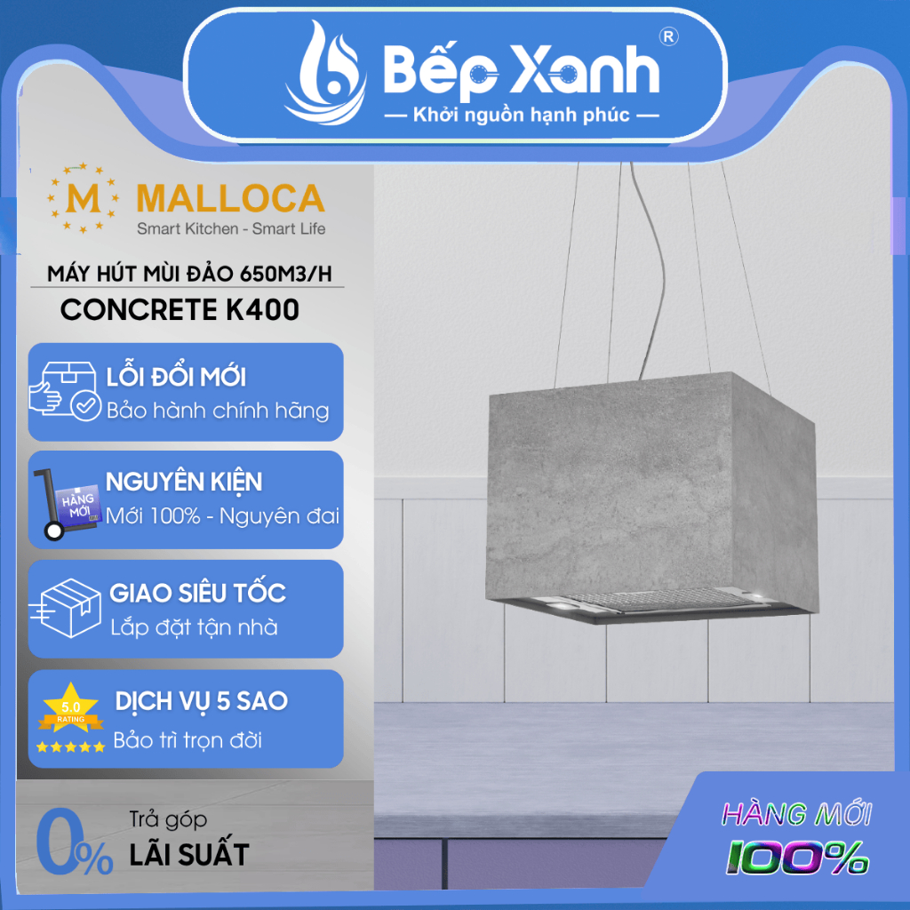 Máy hút mùi Malloca CONCRETE K-400 - Treo tường, màu đen, 900mm x 500mm x 600-900mm