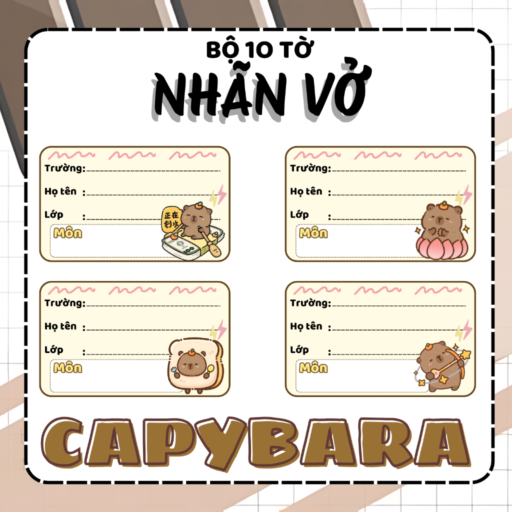 [Nhãn vở Capybara] Gói 10 miếng nhãn vở anime, nhãn dán tập, sách