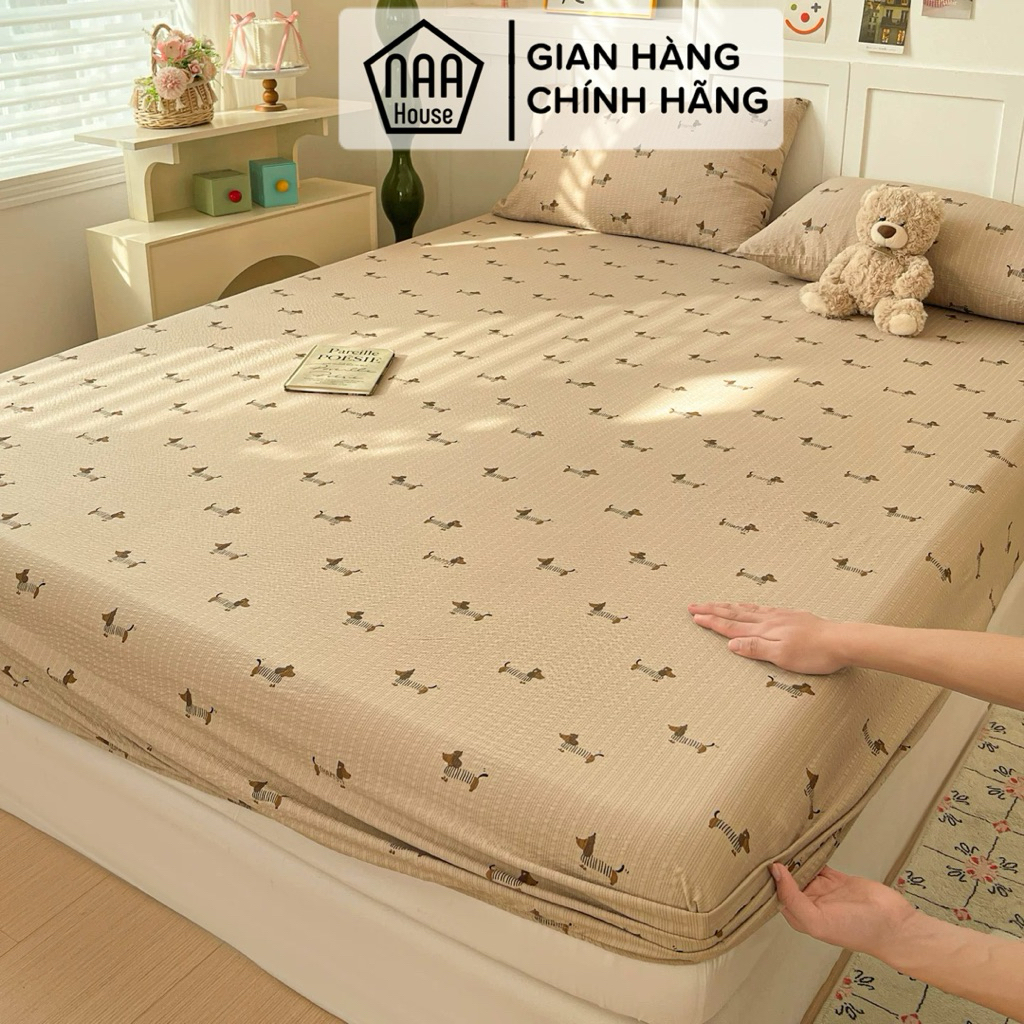[HÌNH THẬT] Bộ ga gối đũi gân mềm mát NAA HOUSE hoạ tiết chó dachshund phong cách Korean minimal