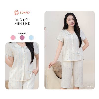 Bộ pijama mặc nhà nữ áo cộc quần ngố họa tiết trái tím chất liệu đũi mềm mát SUNFLY ST9358