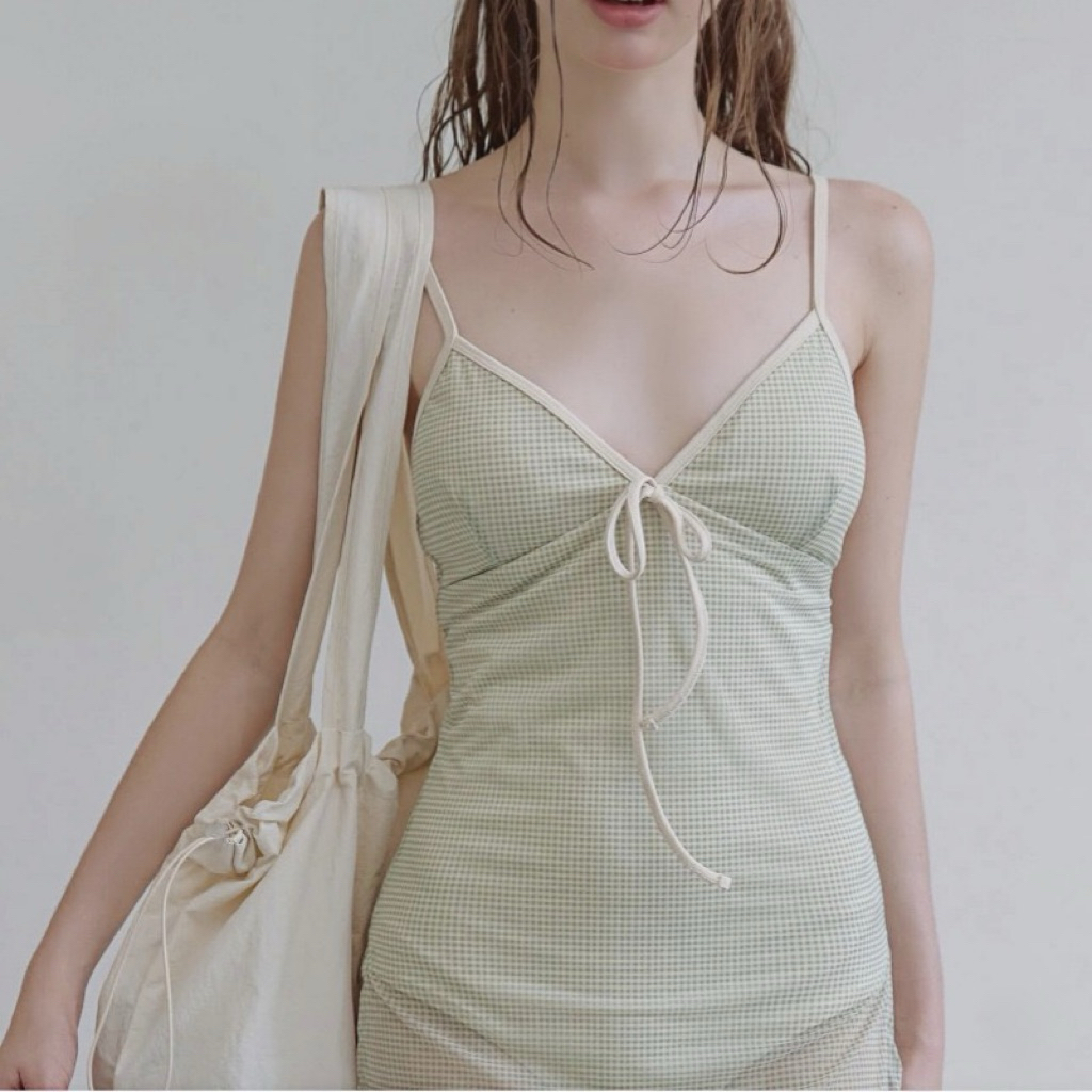 [Hoả Tốc Sẵn] Đồ Bơi Nữ ,Bikini Một Mảnh Liền Thân Nơ Ngực Kẻ Caro Xanh Lá Nhạt Váy Voan Nhoaid | BigBuy360 - bigbuy360.vn