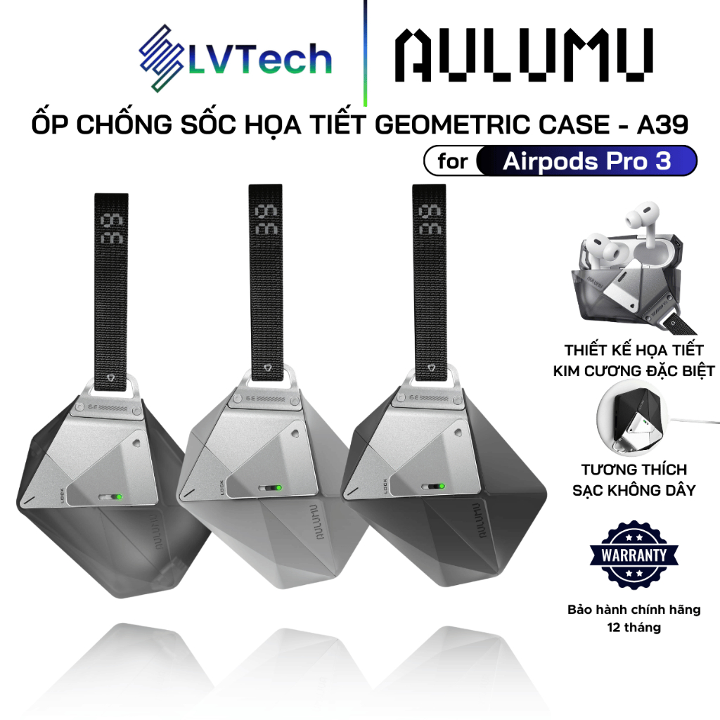 Ốp Chống Sốc Aulumu cho Airpods Pro 3, A39 Geometric Case - Khóa Kim Loại, Chống Sốc, Kèm Dây Đeo