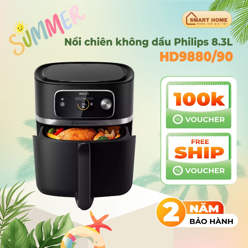 Nồi chiên không dầu điện tử Philips HD9880, dung tích 8.3L, công suất 2000W, bảo hành 2 năm
