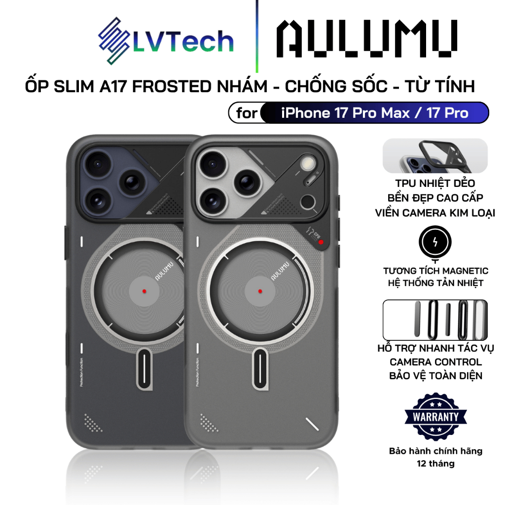 Ốp Lưng Aulumu cho iPhone 17 Pro Max / 17 Pro, Frosted Case - Camera Control, Tản Nhiệt, Vòng Từ Tín