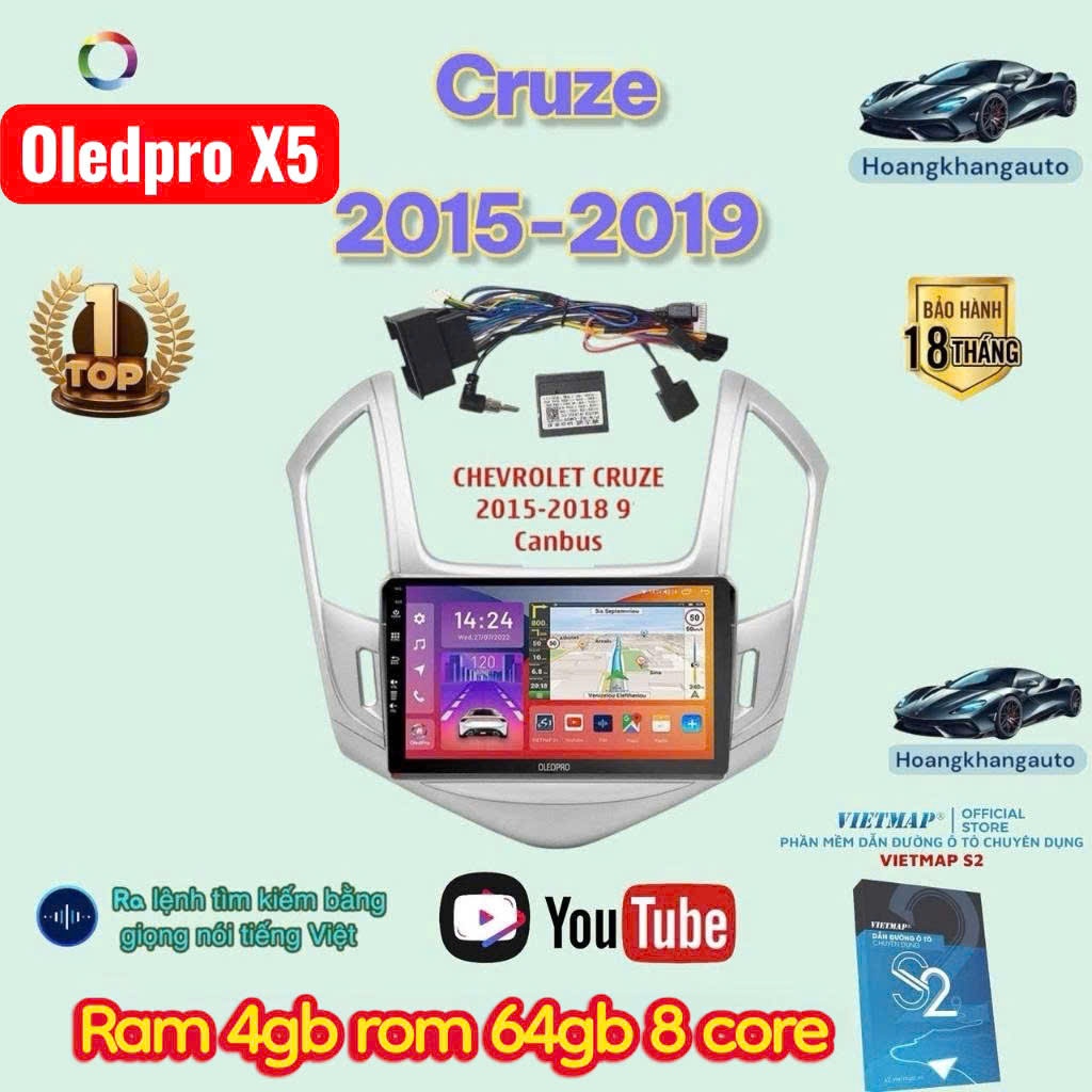 Combo   Màn hình android OLEDPRO x5 theo xe Cruze 2015 - 2019  kèm dưỡng 9 inch canbus và jack nguồn