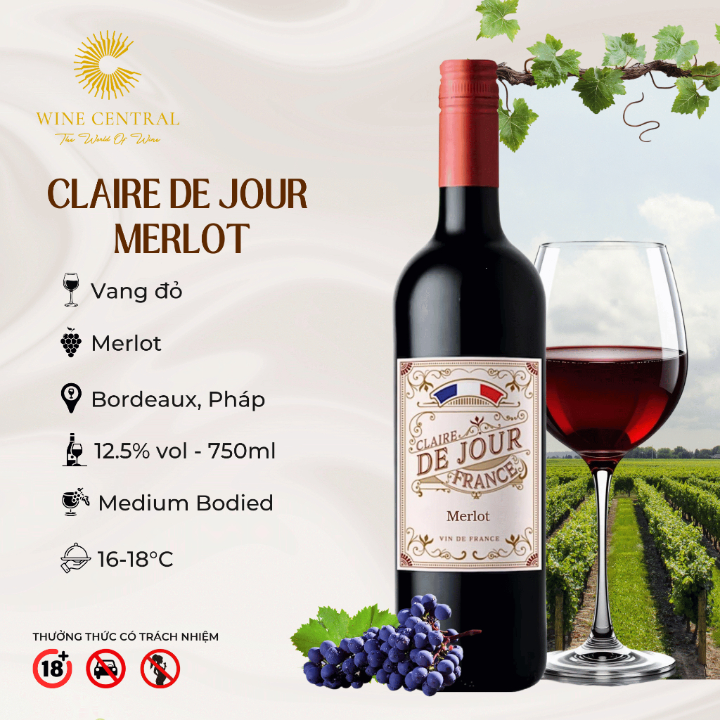 [Chính Hãng] - Rượu Vang Đỏ Pháp Claire De Jour Merlot 750ml (12,5%) - WINE CENTRAL
