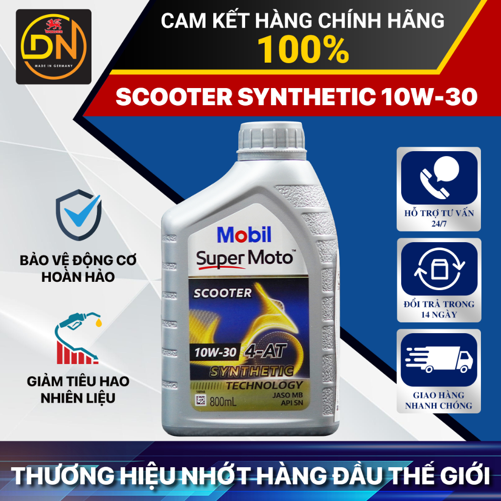 Nhớt Tổng Hợp Xe Tay Ga Mobil Super Moto Scooter 10W40/10w30 4-AT 800ML Made in Singapore