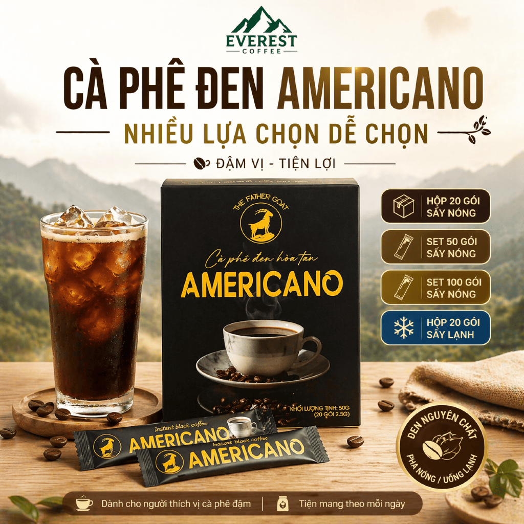Cà Phê Đen Americano Everest Coffee - Hộp 20 Gói, Set 50 Gói, Set 100 Gói, Sấy Nóng / Sấy Lạnh