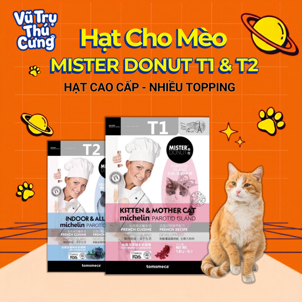 Thức Ăn Hạt Cho Mèo Mister Donut T1 & T2 Topping Thịt Sấy