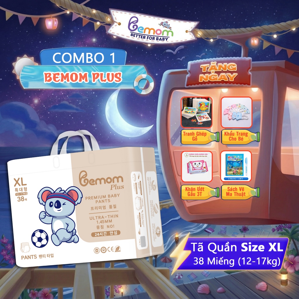 Tã/Bỉm QUẦN Bemom Plus, Bỉm đêm Hàn Quốc Đủ Size Cho Bé Size XL 38 Miếng từ 12-17kg
