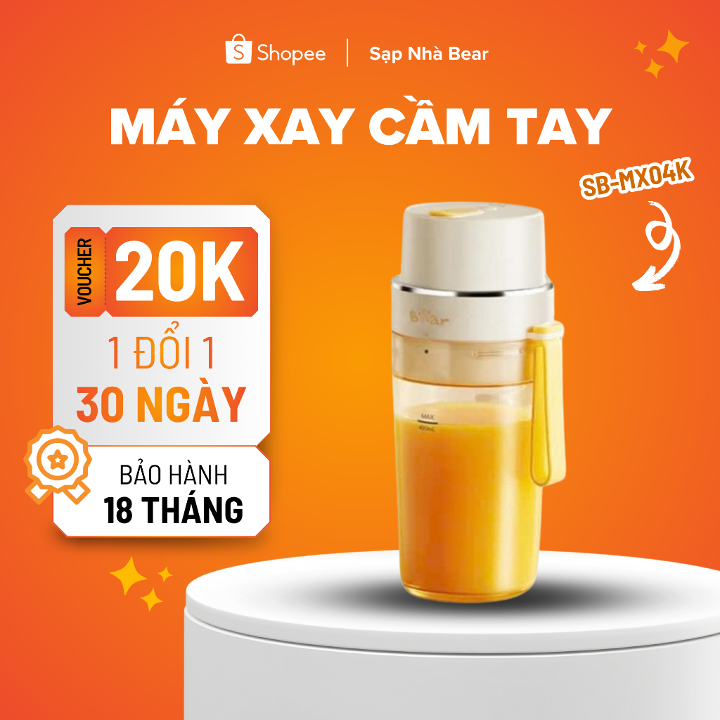 Máy Xay Sinh Tố Cầm Tay Bear SB-MX04K Lưỡi Dao 12 Cánh Xay Đá Bào Đa Năng Không Dây Bảo Hành Chính H