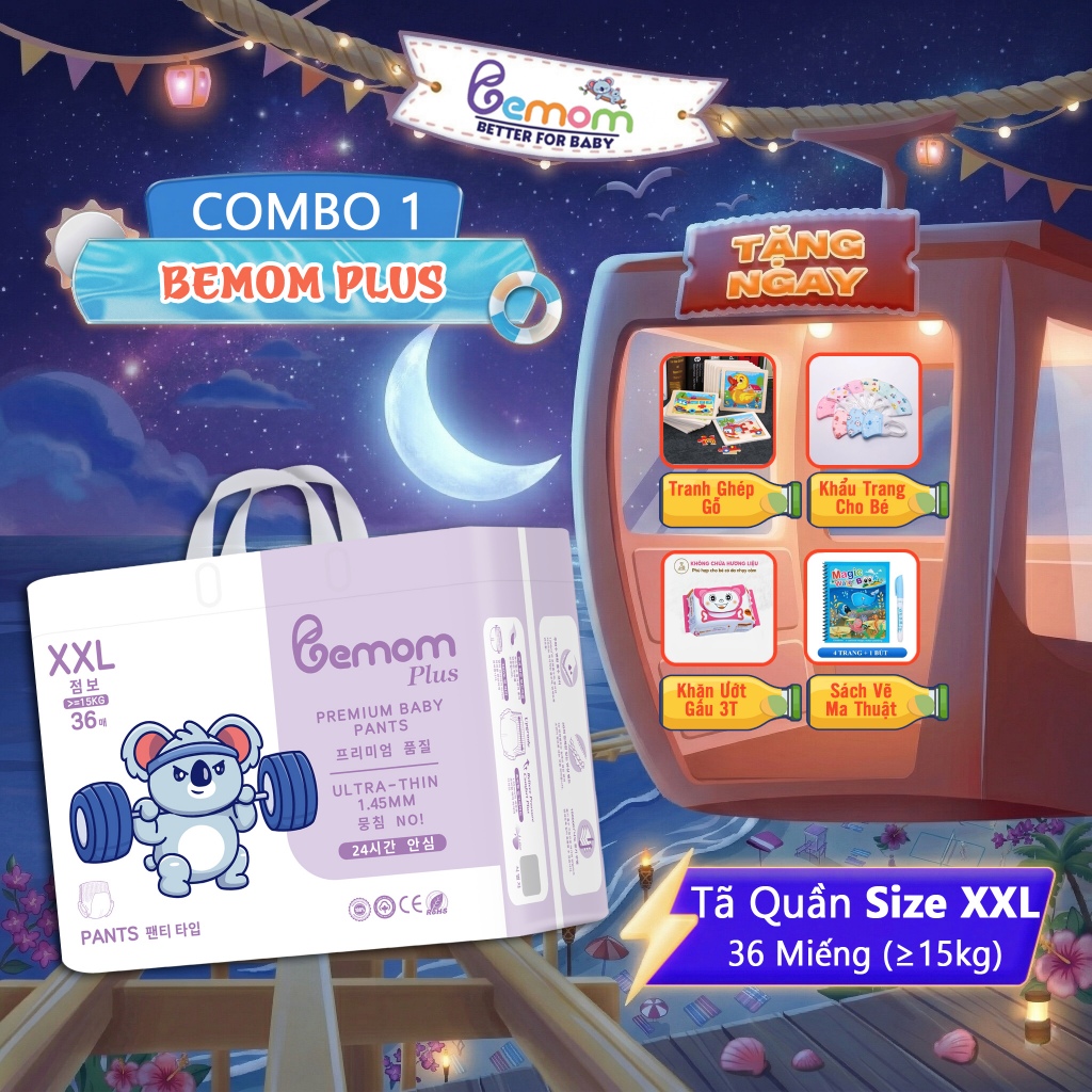 Tã/Bỉm QUẦN Bemom Plus, Bỉm đêm Hàn Quốc Đủ Size Cho Bé Size XXL 36 Miếng từ ≥15kg