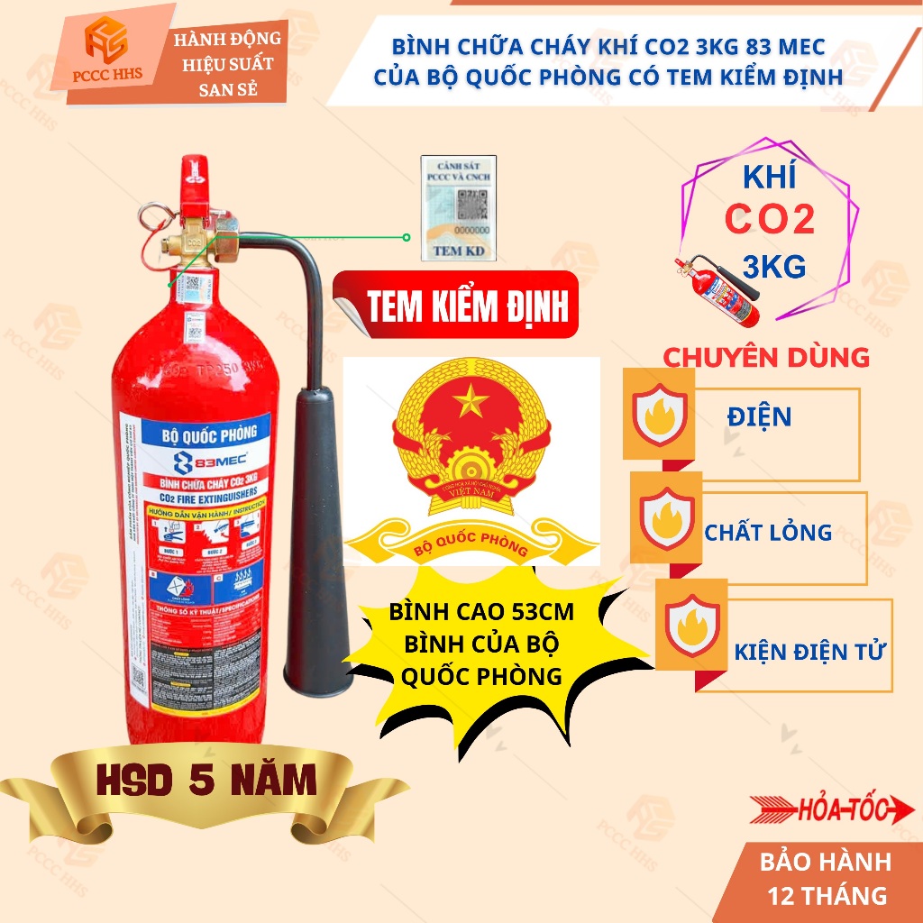 [CÓ KIỂM ĐỊNH] Bình chữa cháy khí CO2 3Kg 83MEC của BỘ QUỐC PHÒNG có tem kiểm định-Chuyện điện