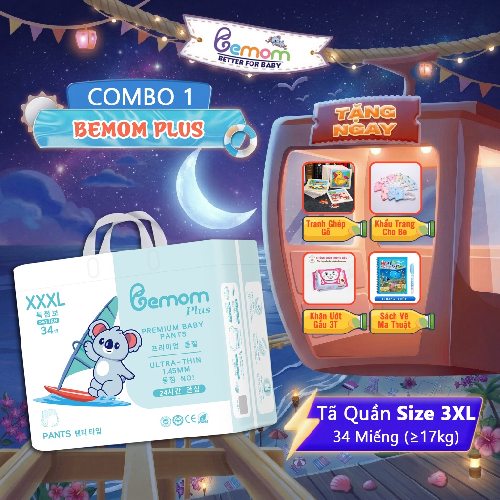 Tã/Bỉm QUẦN Bemom Plus, Bỉm đêm Hàn Quốc Đủ Size Cho Bé Size 3XL 34 Miếng từ ≥17kg
