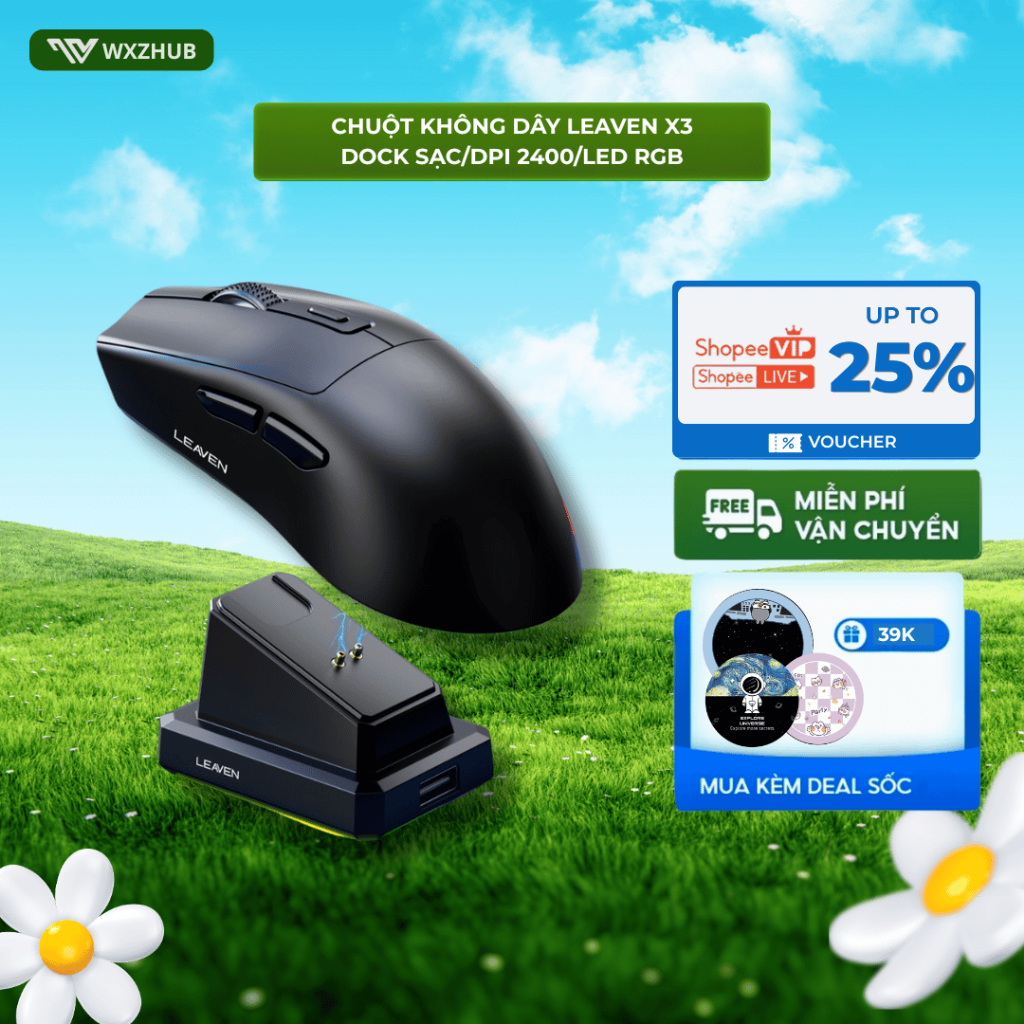 Chuột gaming Leaven X3 Chip Pro 3 Mức DPI, Chuột Không Dây 2 Chế Độ, Có Dock Sạc, LED RGB